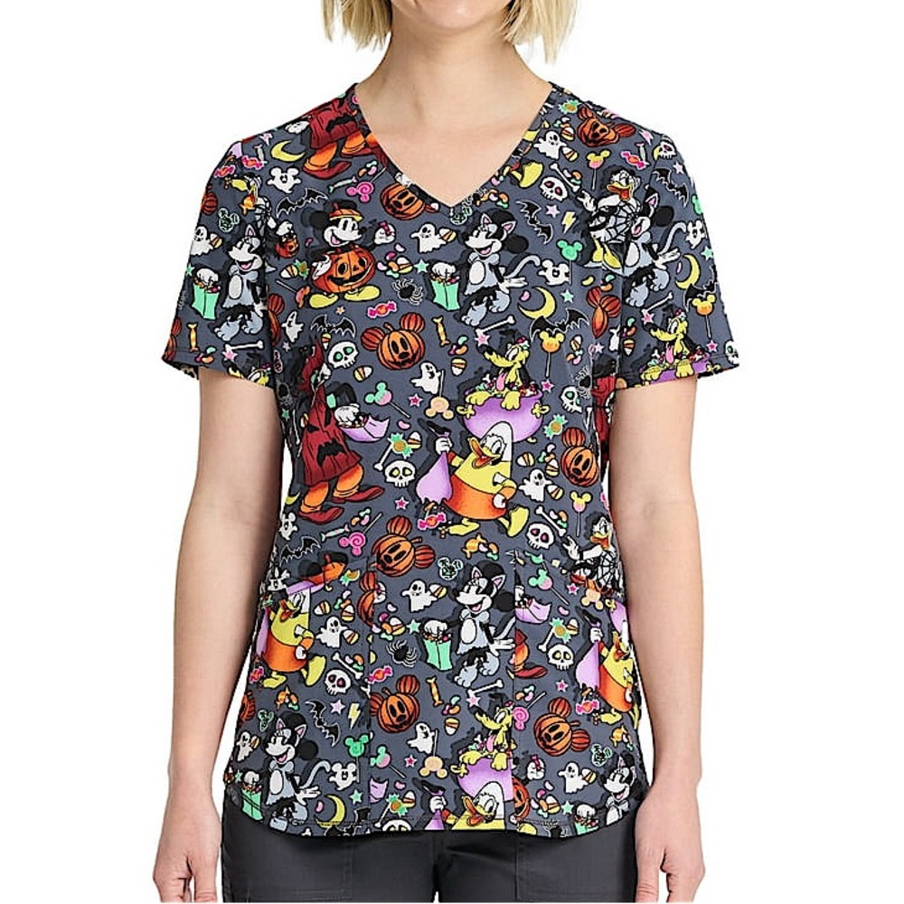 Disney Mickey Mouse and Friends Candy Fun Halloween Women's V-Neck Scrub Top 3XL